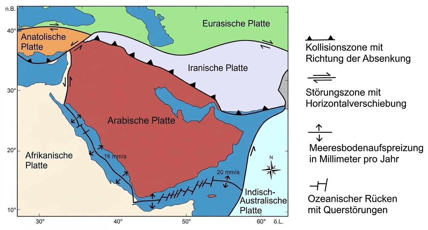 Karte der tektonischen Platten um die Arabische Halbinsel mit Beschriftungen, Plattengrenzen und Legende.